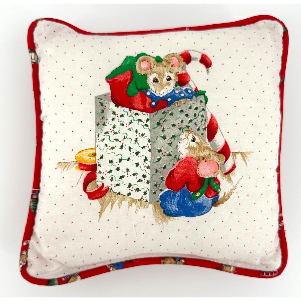 Vintage Christmas Mice Decorative Throw Pillow Red Polka Dot Holiday Accent 8x8